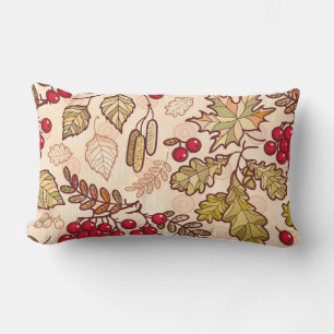 Colourful Autumn Leaves Red Berries Pattern Lumbar Pillow