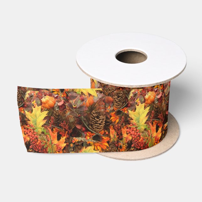 Colourful Autumn Leaves Satin Ribbon (Spool)