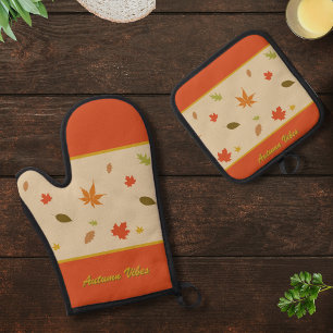 Colourful Autumn Leaves with custom text Oven Mitt & Pot Holder Set