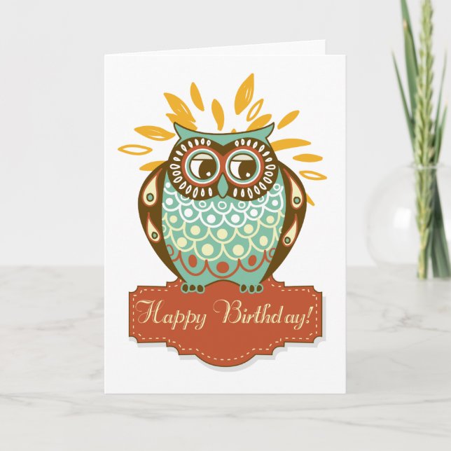 Colourful Autumn Owl Floral Happy Birthday Card (Front)