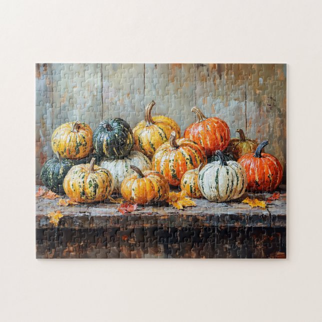 Colourful Autumn Pumpkins on Rustic Table Jigsaw Puzzle (Horizontal)