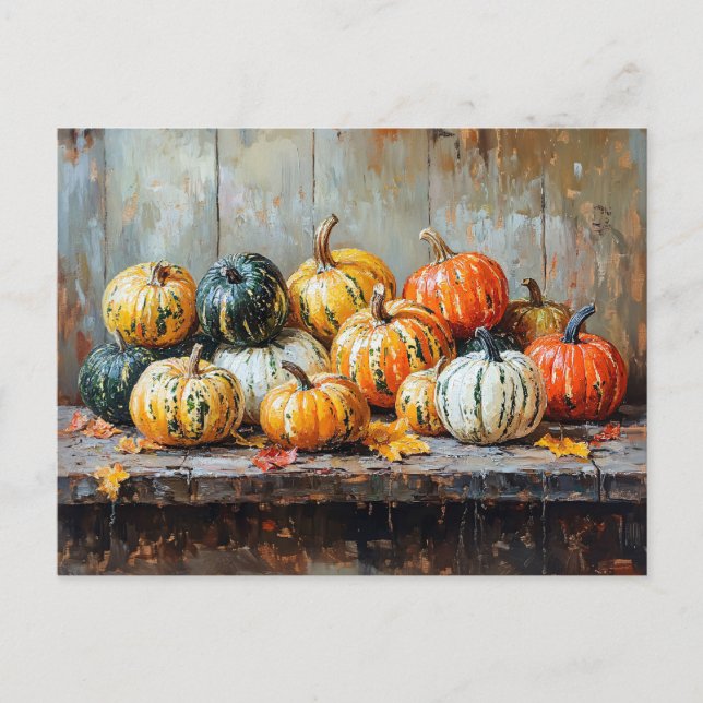 Colourful Autumn Pumpkins on Rustic Table Postcard (Front)