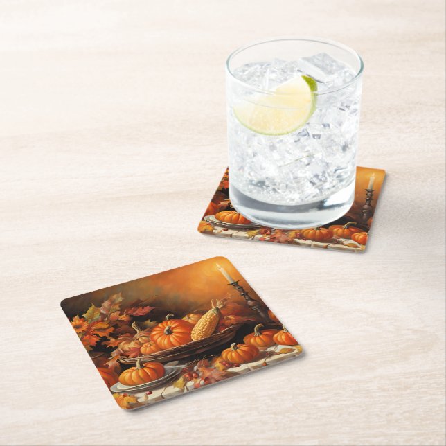 Colourful Autumn Pumpkins Square Paper Coaster (Insitu)