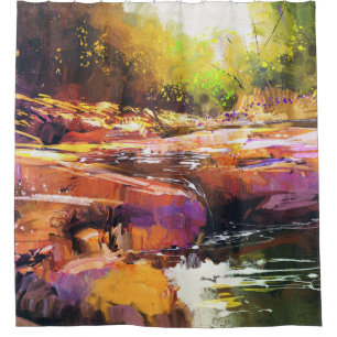 Colourful autumn river, landscape painting.