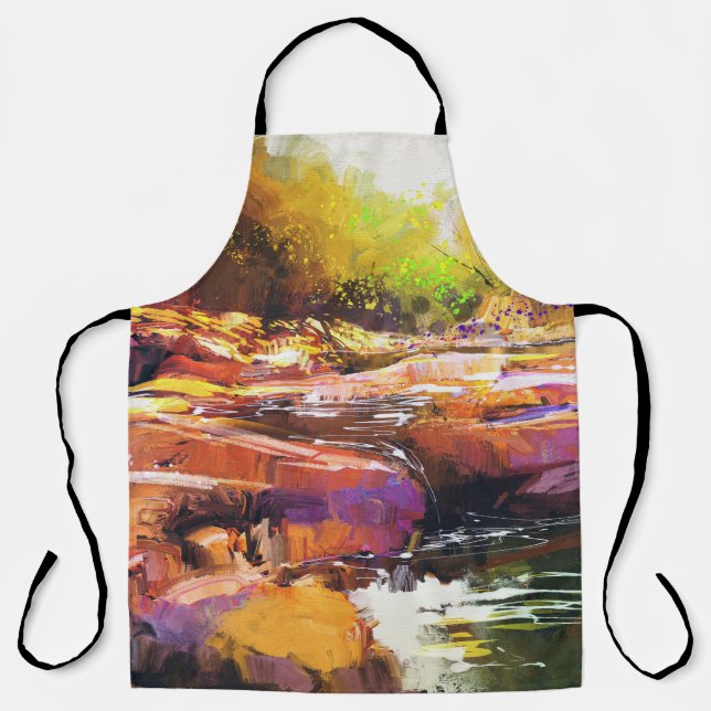 Colourful autumn river, landscape painting. apron (Front)