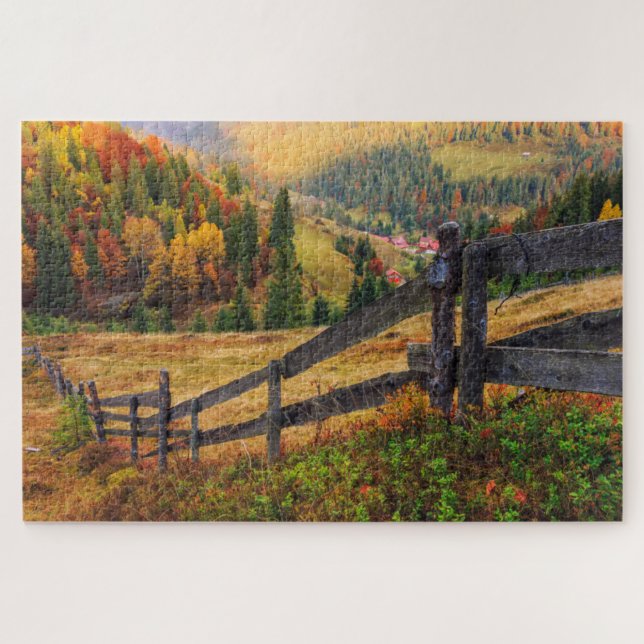 Colourful Autumn Scene With Fence In Transylvania Jigsaw Puzzle (Horizontal)