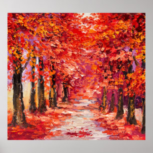 Colourful autumn trees, impressionist oil painting poster