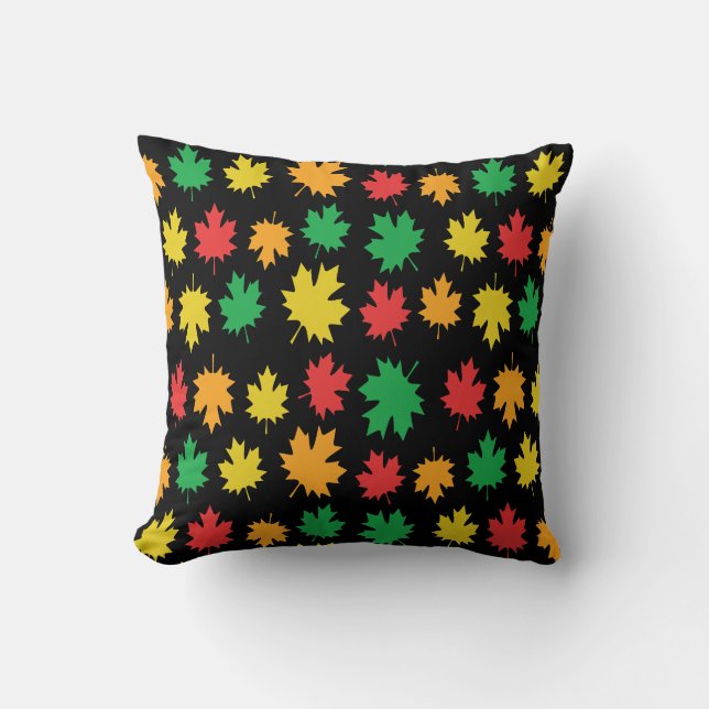 Colourful Autumnal Leafs - Nature Pattern on Black Throw Pillow (Front)