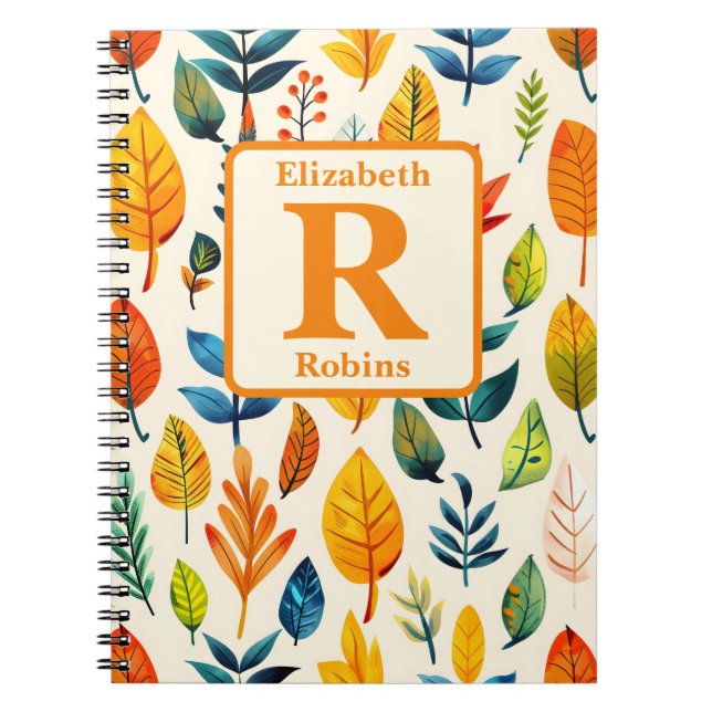 Colourful autums leaves boho personalized monogram notebook (Front)