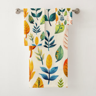 Colourful autums leaves pattern bath towel set
