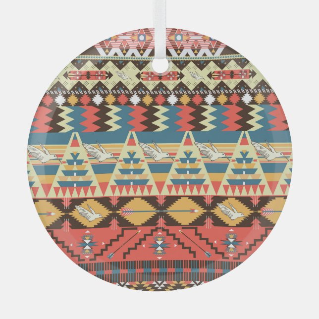 Colourful Aztec: birds, flowers pattern. Glass Ornament (Front)