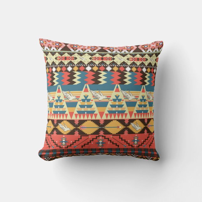 Colourful Aztec: birds, flowers pattern. Throw Pillow (Front)
