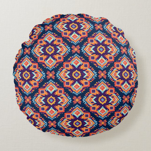 Colourful Aztec Geometric Pattern Round Pillow (Front)