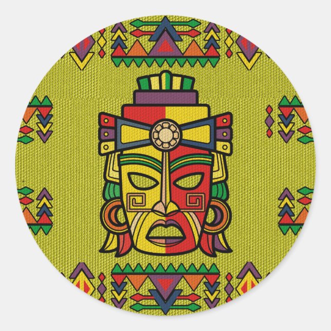 Colourful Aztec Inca Mayan Mask Classic Round Sticker (Front)