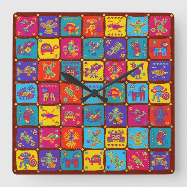 Colourful Aztec Mexican Animals 1 Square Wall Clock (Front)