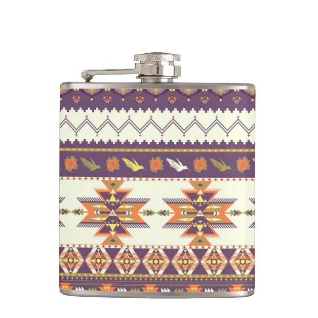 Colourful aztec pattern hip flask (Front)