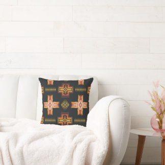Colourful Aztec Southwestern Pattern Over Black Throw Pillow