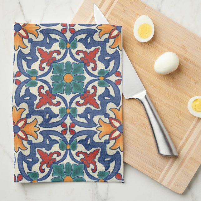 Colourful Azulejos Pattern  Kitchen Towel (Quarter Fold)