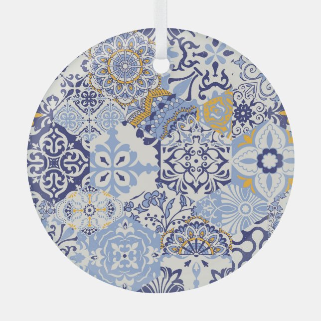 Colourful Azulejos tiles: hand-drawn pattern. Glass Ornament (Front)
