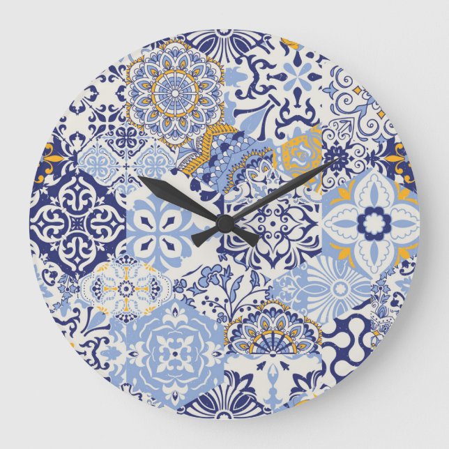 Colourful Azulejos tiles: hand-drawn pattern. Large Clock (Front)