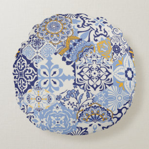 Colourful Azulejos tiles: hand-drawn pattern. Round Pillow