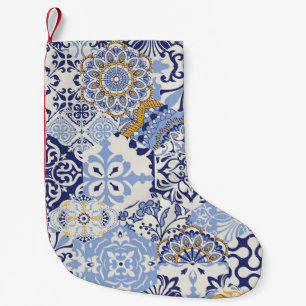 Colourful Azulejos tiles: hand-drawn pattern. Small Christmas Stocking