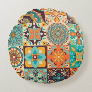 Colourful Azulejos Traditional Tiles Set Round Pillow