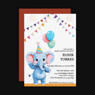 Colourful Baby Elephant with Balloons Baby Shower Invitation