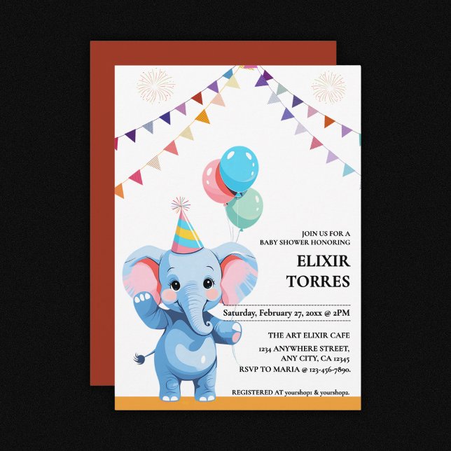Colourful Baby Elephant with Balloons Baby Shower Invitation (Creator Uploaded)