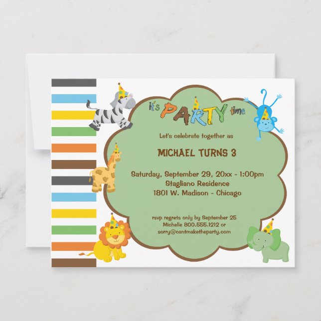 Colourful Baby Party Animals Customizable Invite (Front)