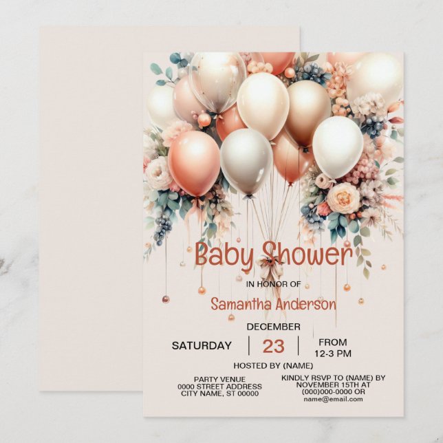 Colourful Baby Shower Peach WhiteFloral Balloons Invitation (Front/Back)