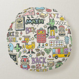 Colourful back to school doodles round pillow