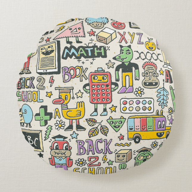 Colourful back to school doodles round pillow (Front)