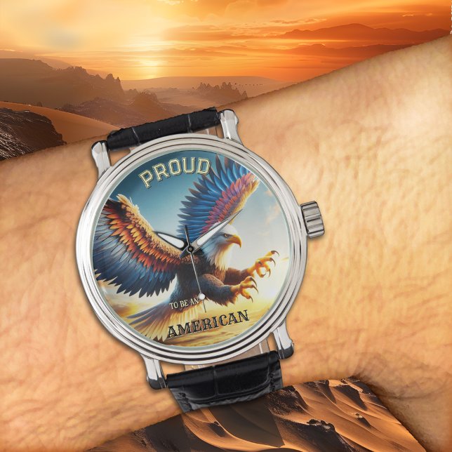 Colourful Bald Eagle Classic Patriot  Watch (Watch featuring a colorful painting of a landing bald eagle with spread wings - patriot gift)