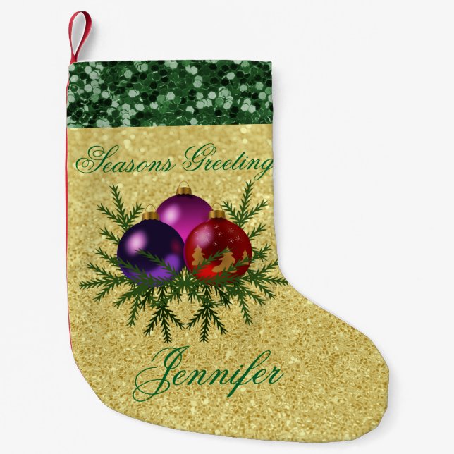Colourful Ball Ornaments Gold & Green Faux Glitter Small Christmas Stocking (Front)