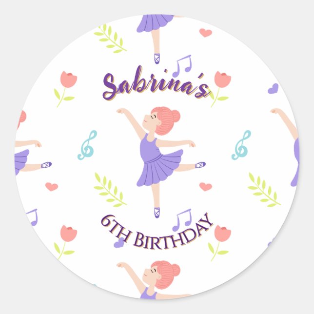 Colourful Ballerina Girls' Birthday Pattern Classic Round Sticker (Front)