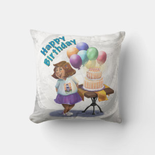 Colourful Balloon Birthday Girl and Cake Throw Pillow