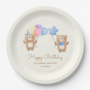 Colourful Balloons Bear Boys Joint Birthday Paper Plate