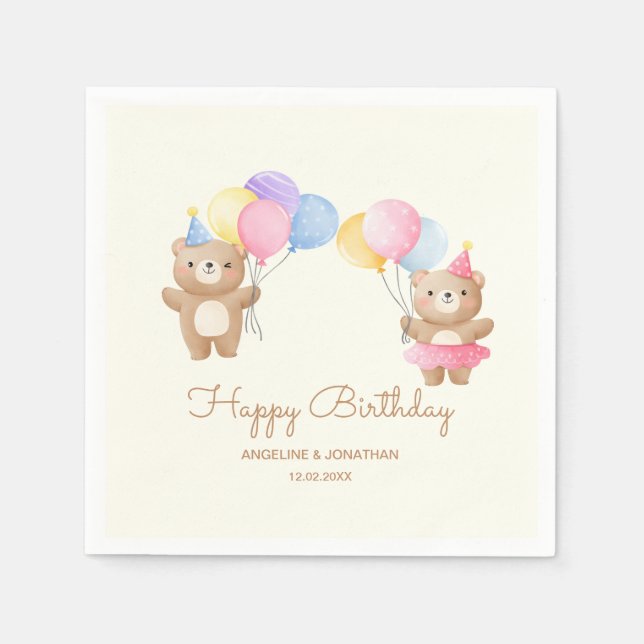 Colourful Balloons Bear Together Joint Birthday  Napkin (Front)