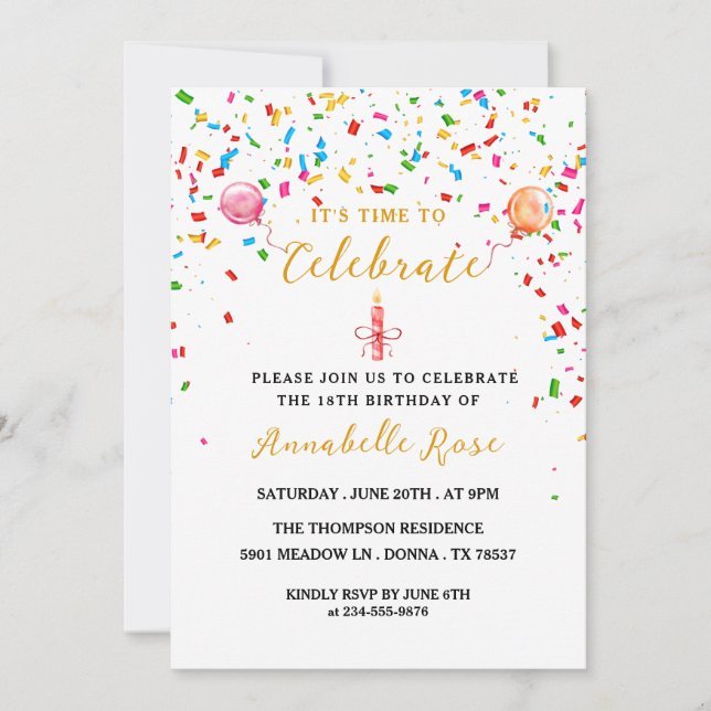 Colourful Balloons & Confetti Birthday  Invitation (Front)