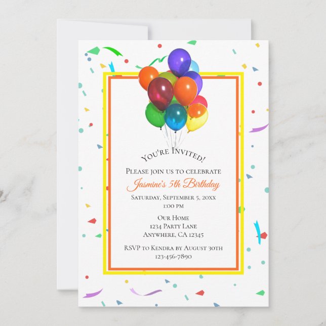 Colourful Balloons & Confetti | Custom Party Invitation (Front)