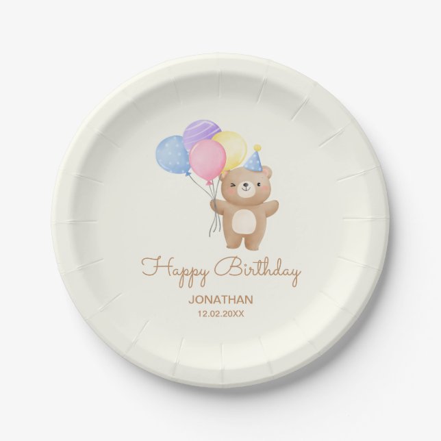 Colourful Balloons Cute Bear Boy Birthday  Paper Plate (Front)