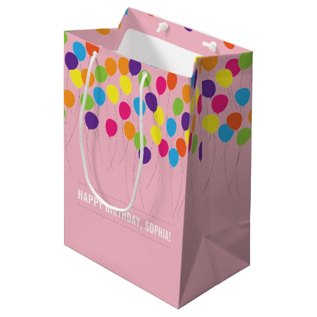 Colourful Balloons Girls Birthday Medium Gift Bag (Front Angled)