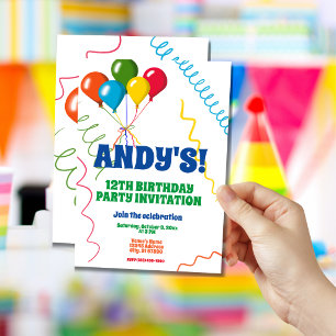 Colourful Balloons Happy 12th Birthday Party Invitation