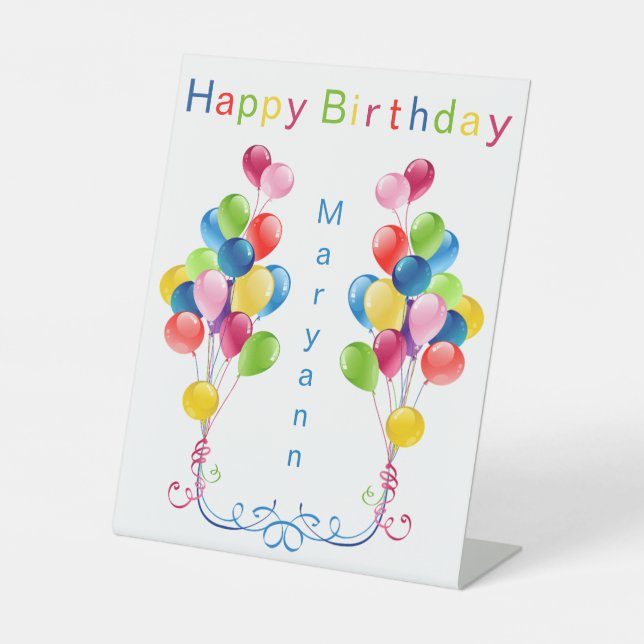 Colourful Balloons Personalized Happy Birthday Pedestal Sign (Front)