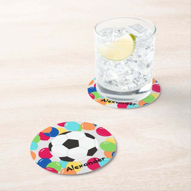 Colourful Balloons Soccer ball fun Napkins Round Paper Coaster (Insitu)