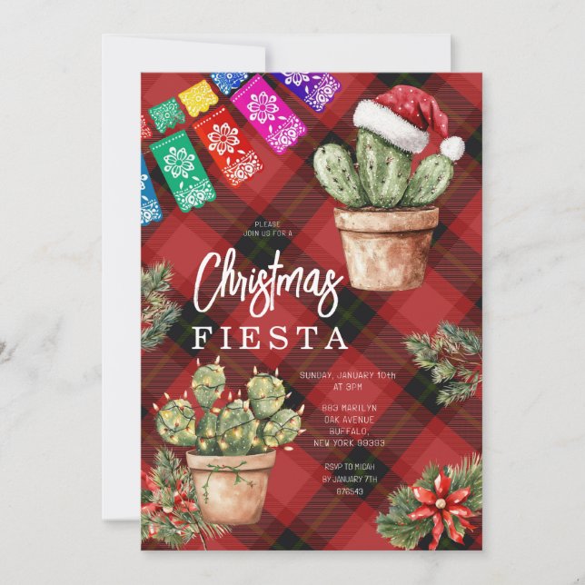 Colourful Banner Mexican Cactus Christmas Fiesta Invitation (Front)