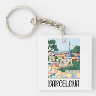 Colourful Barcelona Spain City View Keychain