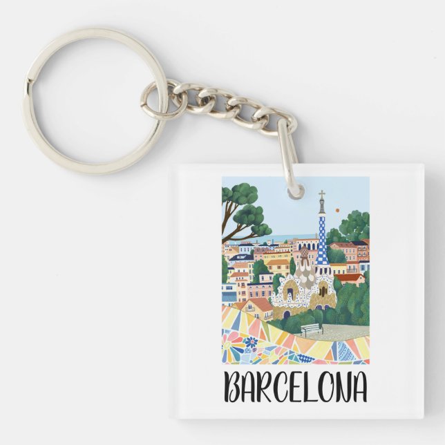 Colourful Barcelona Spain City View Keychain (Front)