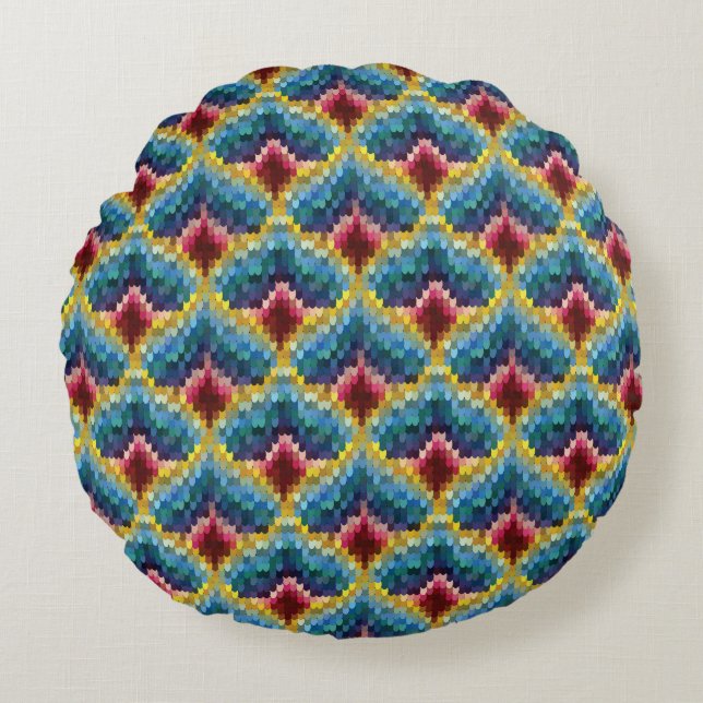 Colourful Bargello Embroidery Boho Chic Pattern Round Pillow (Front)